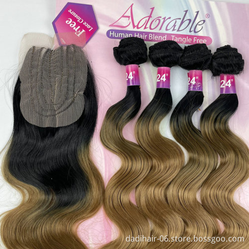 Adorable Full Packet Solution Synthetic Hair Bundles With Free 4*4 Machine Made Closure Amazing Body Wave 4pcs Ombre Color T1b27
